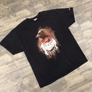 Menchego Bear Spirit‎ Native American Graphic Black T-Shirt Men Size XL y2K